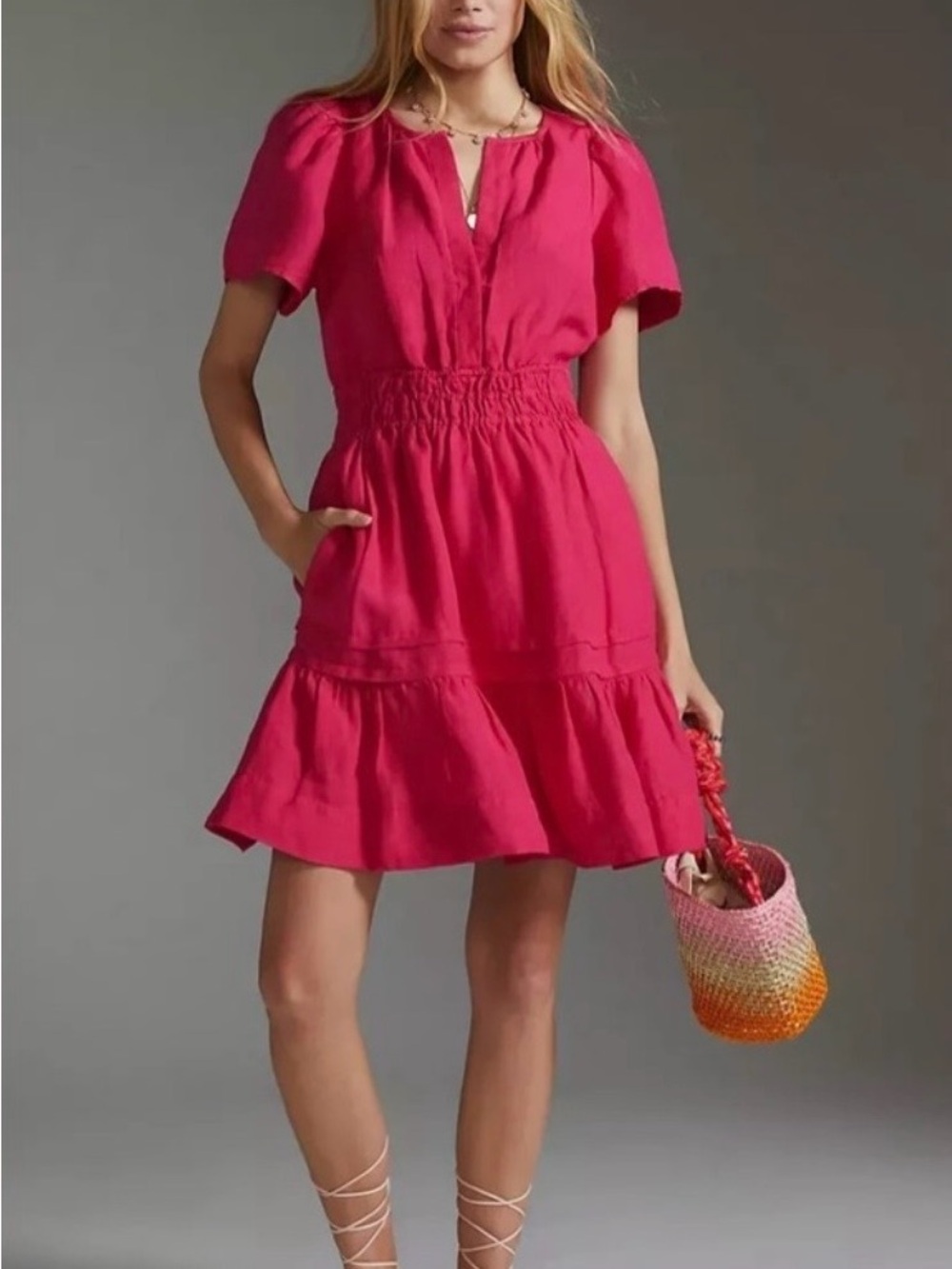Anthropologie Plus Size Fuchsia Puff Sleeve Tiered Mini Dress